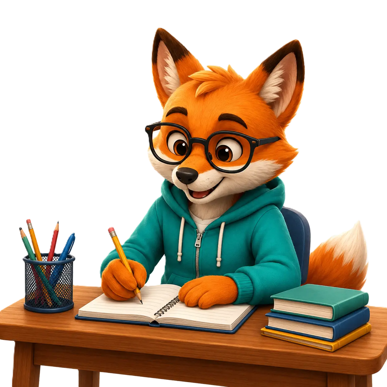 MySpellings fox mascot writing at a desk