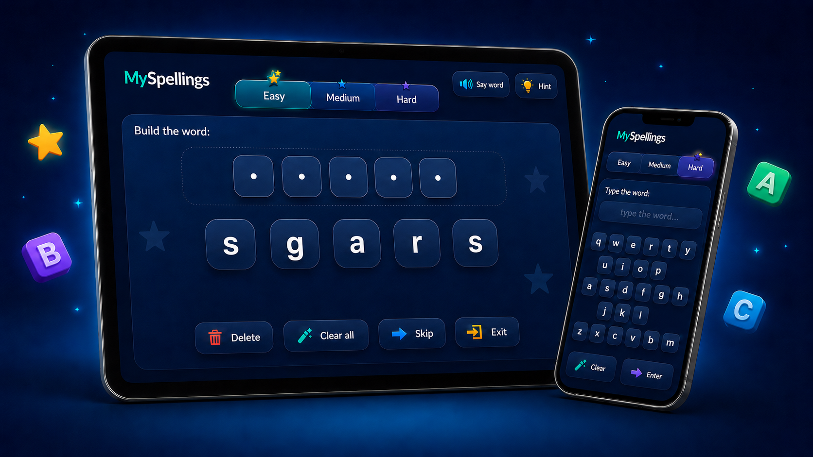 MySpellings difficulty modes shown on tablet and phone