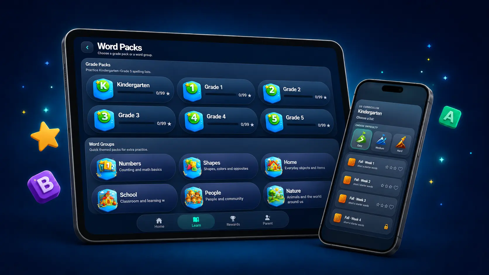 MySpellings word packs shown on tablet and phone