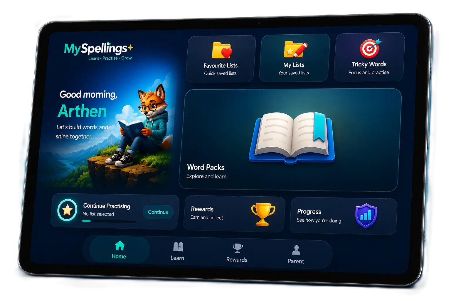 MySpellings home screen showing lists, word packs and progress