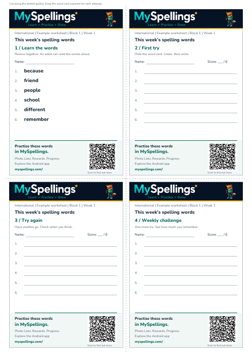 Example finished spelling worksheet with four practice cards